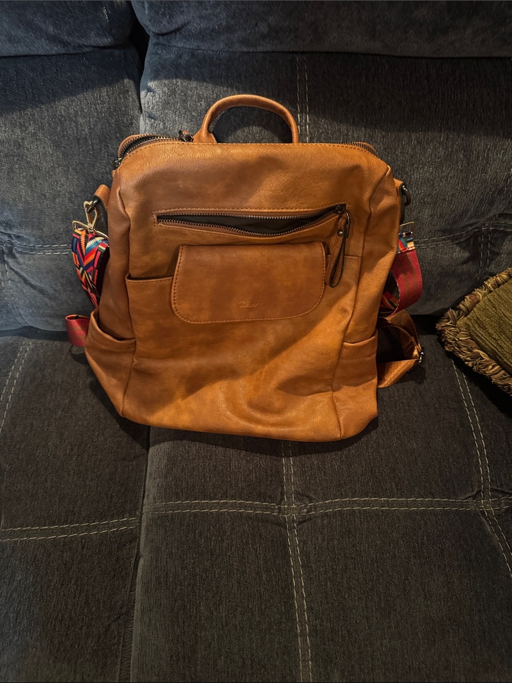 Leather Brown Men's Backpack with Accent Strap